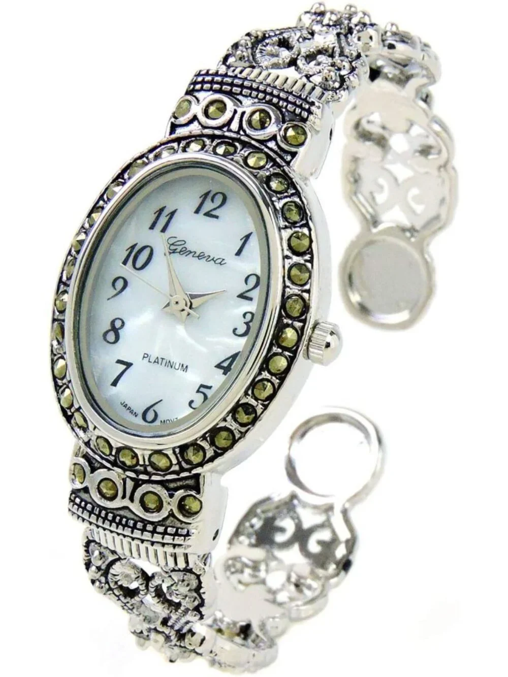 Vintage Silver Black Marcasite Crystal Women's Bangle Cuff Watch - Elegant Oval